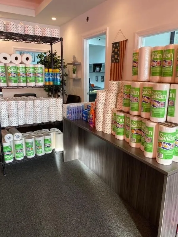 Paper towels and cleaning supplies ready for pickup