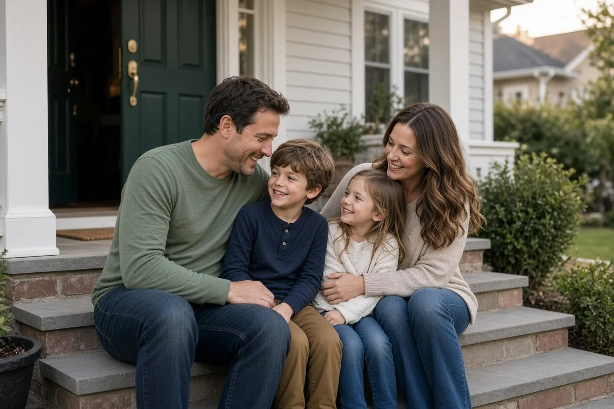 A family on the front steps of their home